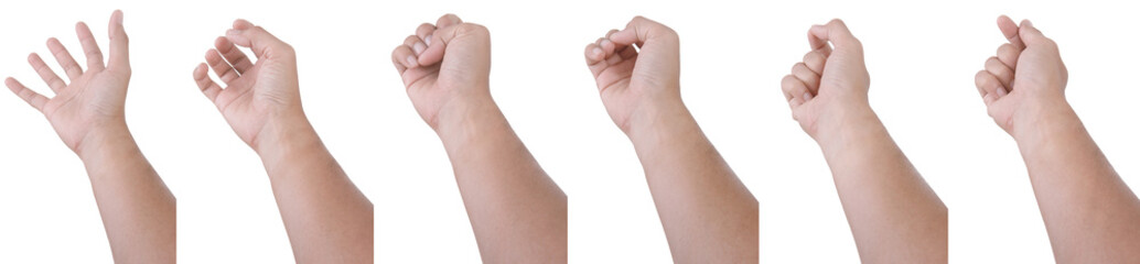  Male asian hand gestures isolated over the white background. Grab Round Thing with five fingers Action.
