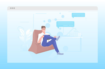 businessman using laptop chat bubble communication concept man relaxing in office full length horizontal vector illustration