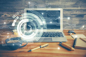 Double exposure of desktop with personal computer on background and tech theme drawing. Concept of...