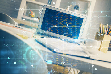 Double exposure of desktop with personal computer on background and tech theme drawing. Concept of Bigdata.
