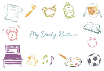 Kids Daily routine time activities. Cartoon doodle vector illustration