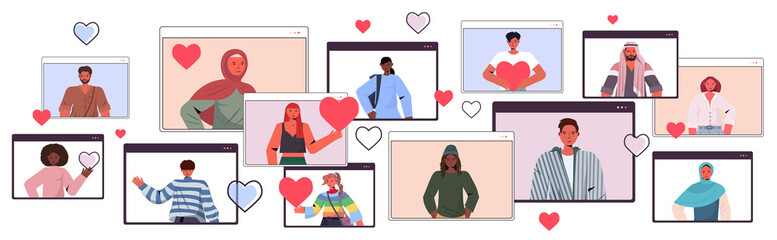 mix race people chatting in online dating app men women in web browser windows social relationship communication concept horizontal portrait vector illustration