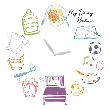 Kids Daily routine time activities. Cartoon doodle vector illustration