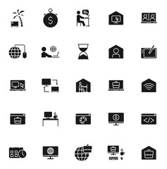 remote work black vector icons isolated on white background. remote work icon set for web and ui design, mobile apps and print products