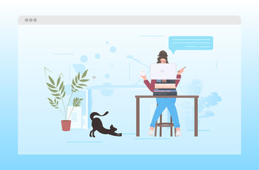 woman using laptop remote work quarantine isolation chat bubble communication concept girl relaxing at home full length horizontal vector illustration