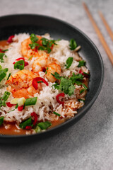 Shrimp with basmati rice and spicy bisque with coconut milk