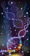 Deoxyribonucleic acid DNA planets solar system wallpaper, vector illustration
