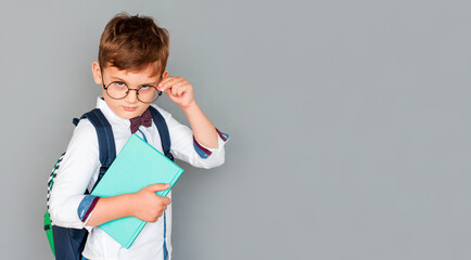 Childhood, education and people concept - happy smiling student boy with notebook over grey background