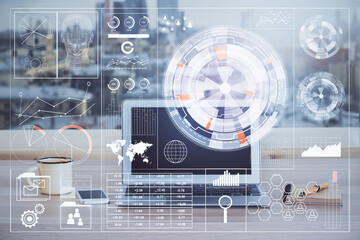 Double exposure of desktop computer and technology theme hologram. Concept of software development.