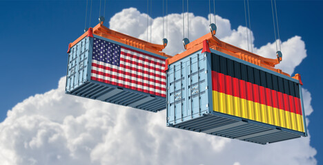 Shipping containers with German and USA flag. 3D Rendering 