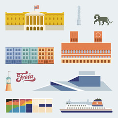 Icons of famous landmarks and tourist attractions in Oslo, Norway - obrazy, fototapety, plakaty