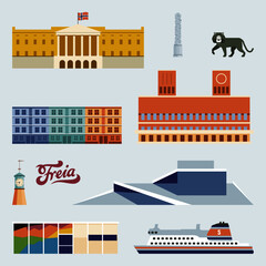 Vector icons of famous landmarks and tourist attractions in Oslo, Norway - obrazy, fototapety, plakaty