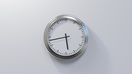 Glossy chrome clock on a white wall at forty-three past five. Time is 05:43 or 17:43