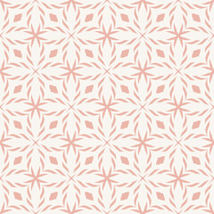 Vector geometric seamless pattern. Pink and white ornament texture with crosses, diamonds, flower shapes, grid, lattice. Elegant floral background. Repeat design for decor, fabric, cloth, wallpaper