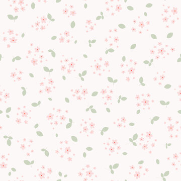 Vector seamless pattern with small pink pretty flowers and green leaves on white backdrop. Liberty style millefleurs. Simple floral background. Elegant ditsy ornament. Cute repeat design for decor