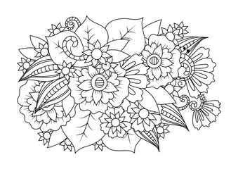 Gordijnen Black and white floral ornament. Coloring page for children and adults. Vector monochrome background. © E.Nolan