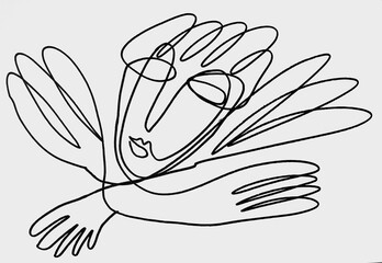 Linear graphics face of an angel with wings on a white background.