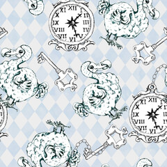 Alice in Wonderland sketched seamless pattern black white coloring page  isolated  © onanana