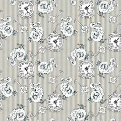 Alice in Wonderland sketched seamless pattern black white coloring page  isolated 