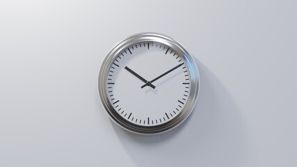 Glossy chrome clock on a white wall at ten past ten. Time is 10:10 or 22:10
