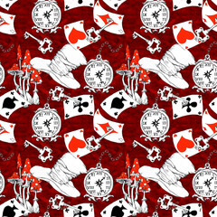 Alice in Wonderland sketched seamless pattern black white coloring page  isolated  © onanana