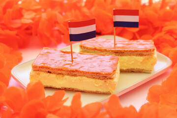 Orange tompouce. Traditional Dutch pastry to celebrate King's Day in the Netherlands.