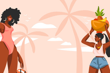 Hand drawn vector abstract stock flat graphic illustration with young ,happy black afro american beauty women in swimsuit on sundown view scene on the beach isolated on pink pastel background
