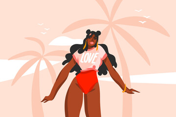 Hand drawn vector abstract stock flat graphic illustration with young ,happy black afro american beauty woman in swimsuit on sundown view scene on the beach isolated on pink pastel background