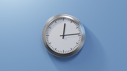 Glossy chrome clock on a blue wall at fourteen past twelve. Time is 00:14 or 12:14