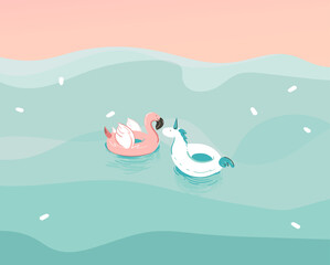 Hand drawn vector stock abstract graphic illustration with a unicorn and flamingo swimming rubber float rings in ocean waves landscape isolated on blue background