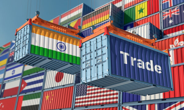 Trading india. Container with India flag on a container terminal. 3D Rendering © Marius Faust