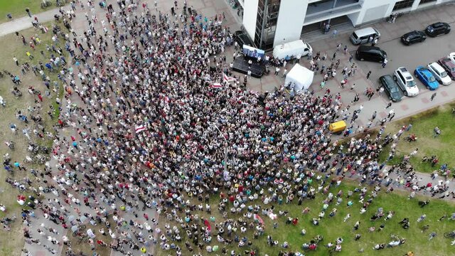 Mogilev, Belarus-July 25, 2020: Election rally of opposition candidates for President of the Republic of Belarus. Peaceful protest. Aerial view.