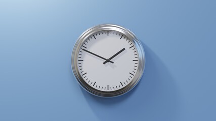 Glossy chrome clock on a blue wall at forty-nine past one. Time is 01:49 or 13:49