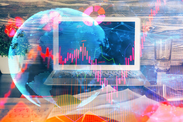 Multi exposure of business theme icons and table with computer background. Concept of success.