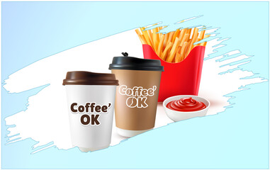 3d.Vector Potatoes French Fries.Burger. Hamburger.Vector realistic 3d illustration of black Coffee Cup.Cappuccino.Latte.Americano coffee.Bowl of tomato sauce.