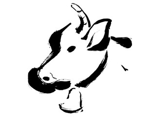 牛の横顔の手描きの和風イラスト　筆書きの線画の力強いイラスト