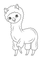 Сute alpaca coloring page. Black and white cartoon illustration
