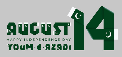 August 14, Pakistan Independence Day congratulatory design with Pakistani flag elements.