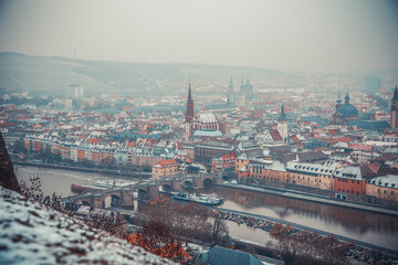 Top view on Wurzburg panorama at at dawn. Winter time.  Germany. 
