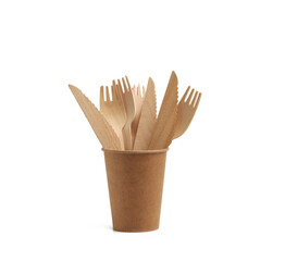 paper cup from brown craft paper and wooden forks and knives isolated on a white background