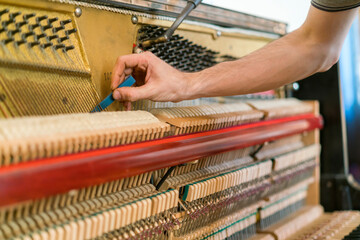 Piano tuning process. closeup of hand and tools of tuner working on grand piano. Detailed view of...