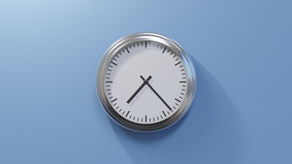 Glossy chrome clock on a blue wall at twenty-three past seven. Time is 07:23 or 19:23