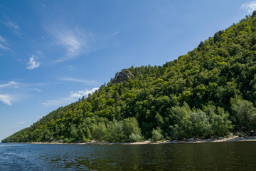 Obraz premium summer, day, clear, weather, travel, river, water, glare, ripples, smooth surface, reflections, nature, light, shadow, beach, sand, distance, space, mountains, forest, trees, sky, clouds