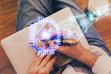 Writing human hands with data theme multi exposure icons.