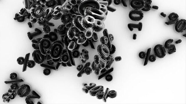 Collapse of prices, discounts, percentages, falling black glossy numbers on white backdrop. 3d rendering