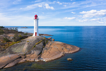 Lighthouse on the island. Aerial view.
