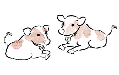 牛2頭が向かい合って座っているイラスト　2021年の干支のイラスト