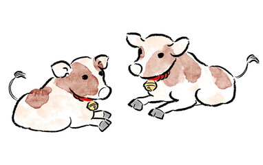 牛2頭が向かい合って座っているイラスト　2021年の干支のイラスト