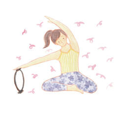 A young woman doing Pilates Mermaid exercise with a magic circle on white back ground.Hand drawn with watercolor.