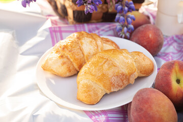 Summer holidays, outdoor recreation. Croissants, peaches, and a sandwich on a pink checkered tablecloth
